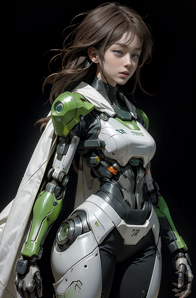 The image shows a futuristic, anime-style drawing of a woman with long, flowing hair and a robotic body. She is wearing a sleek, white suit with orange accents and has a green glow around her body. Her eyes are large and round, giving her a curious and mysterious appearance.
The woman's body is designed to resemble a robot, with a skeletal structure visible underneath the skin. Her arms and legs are mechanical, and she has two large, robotic hands on either side of her body. A small, glowing green light can be seen in the center of her chest, adding to her futuristic look.