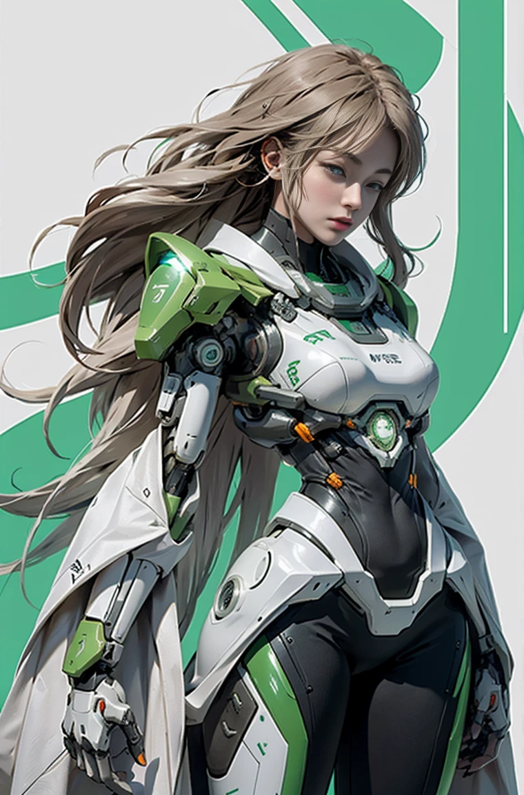 The image shows a futuristic, anime-style drawing of a woman with long, flowing hair and a robotic body. She is wearing a sleek, white suit with orange accents and has a green glow around her body. Her eyes are large and round, giving her a curious and mysterious appearance.
The woman's body is designed to resemble a robot, with a skeletal structure visible underneath the skin. Her arms and legs are mechanical, and she has two large, robotic hands on either side of her body. A small, glowing green light can be seen in the center of her chest, adding to her futuristic look.