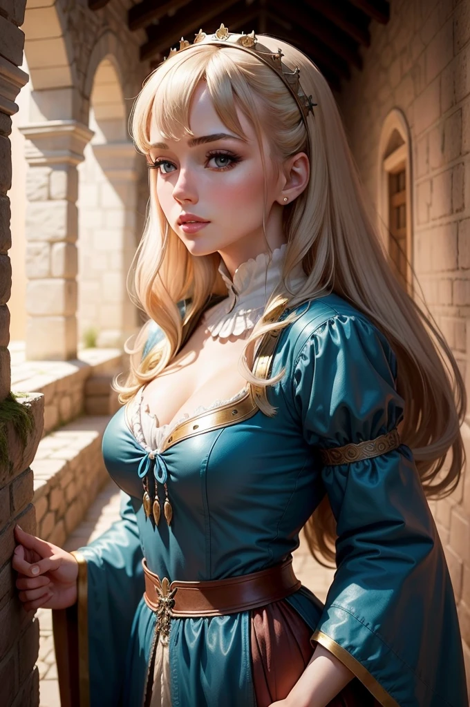 beautiful portrait of stunningly beautiful Margaery Tyrell as a medieval courtesan, corset, low-cut neckline, cleavage, large brests, jewelry, sharp focus on the eyes, fantasy concept art, , sultry look, seductive, inviting expression, detailed medieval bedroom in background, seductive pose
 sultry look, seductive,
