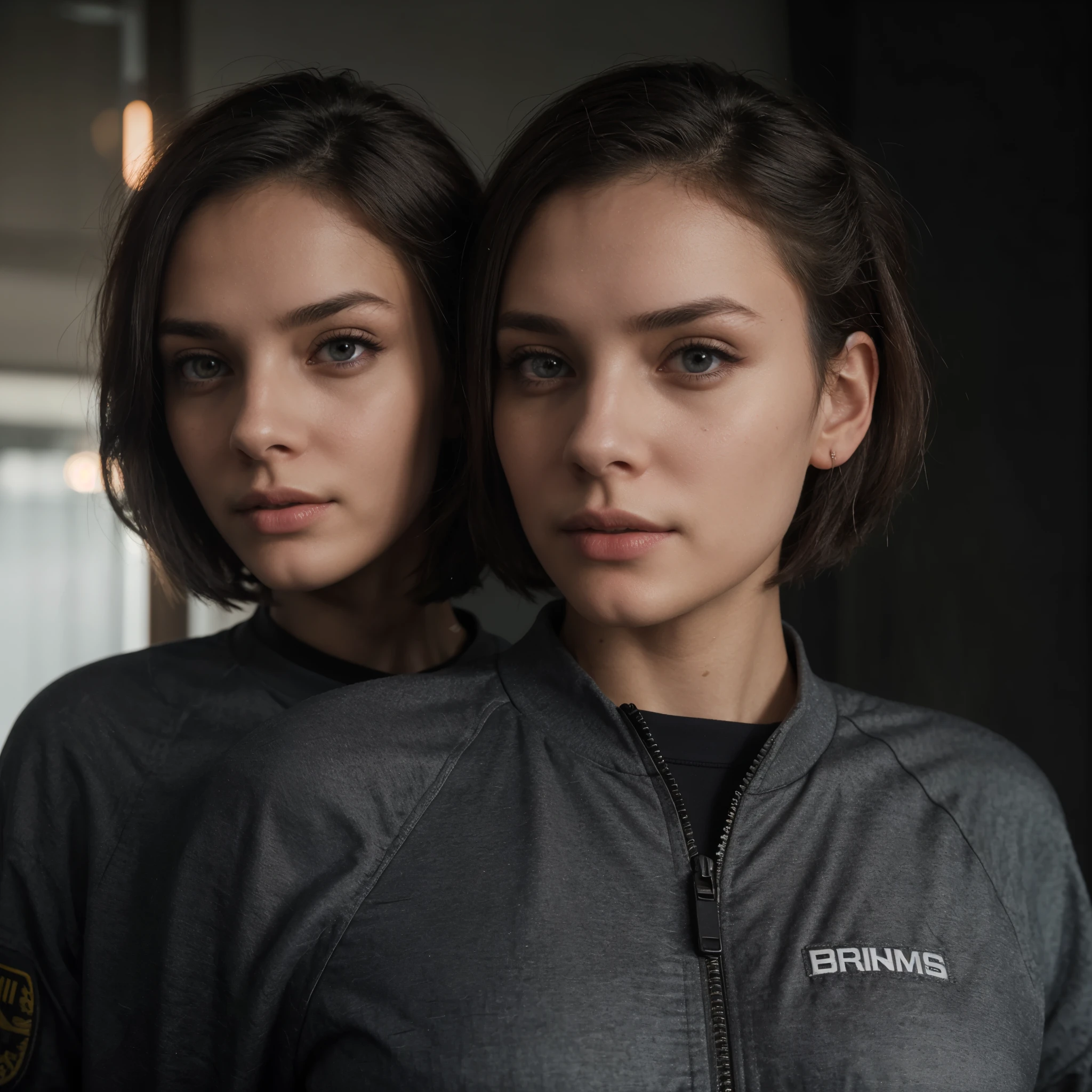 Best quality, in the bar, bomber in cyberpunk style, under the bomber jacket a tight sports top, Beautiful face, gray hair, bob hairstyle, smooth, a neat nose, Beautiful girl, Grey eyes, sweet Lips, a slim body, perfect face.