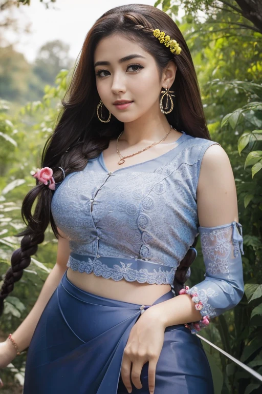 Carlotta Champagne as a beautiful young maiden, standing perfect body, large breasts, small waist, long braids hair, wearing light makeup, long eye lashes, eye mascara, wearing light orange Ornaments, long earrings, necklaces, happy look, at Beautiful park.