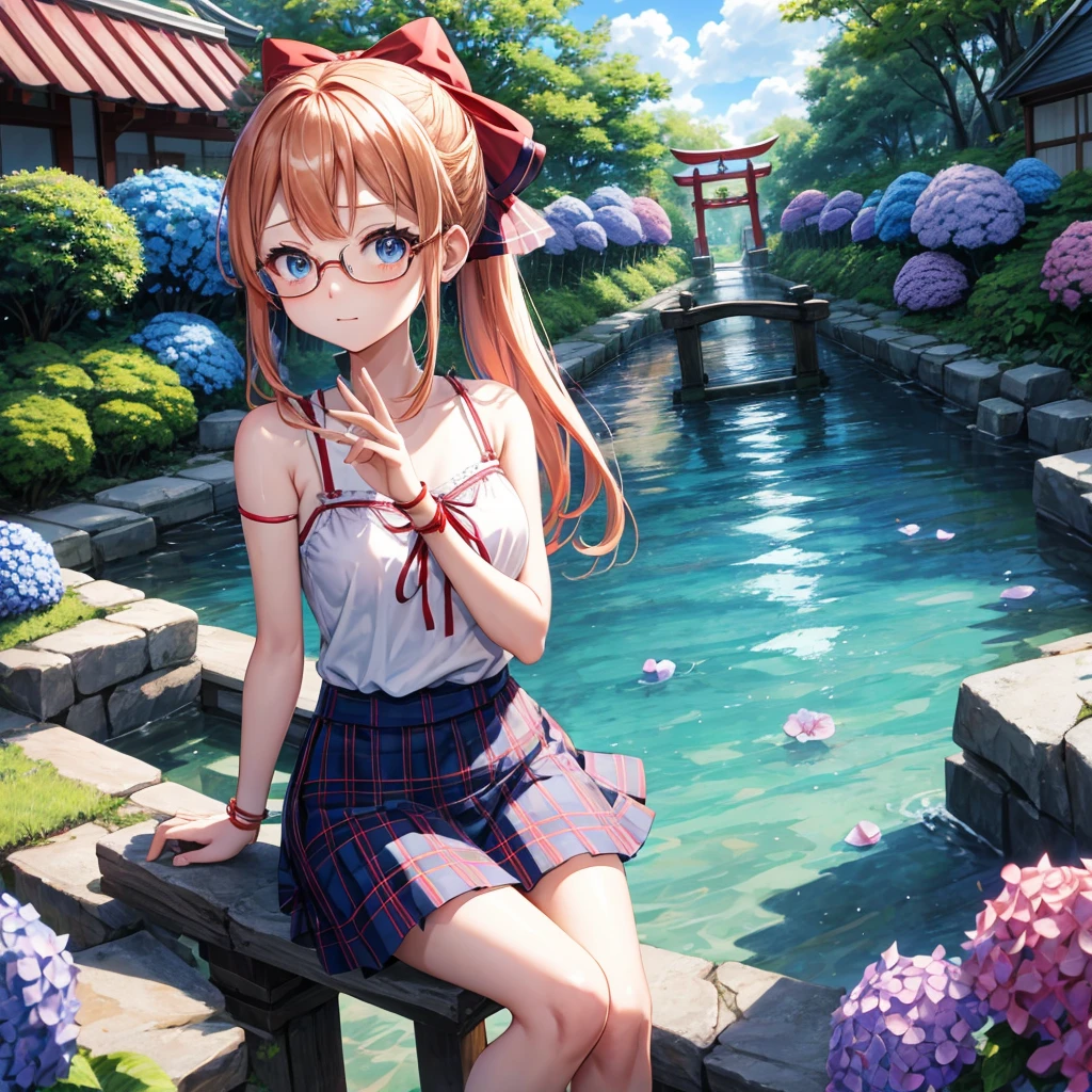 Red-blonde、blue hair、blue eyes、Braid、one good looking girl、solo、anime、Plaid miniskirt、camisole、black t-shirt、Tilting your face、Doing the ribbon、Ribbon at waist、sunset sky、shrine、stone stairs、petal、tunnel、drawing a fortune、Fallen leaves、fixing glasses、waterfall、Have a bouquet of hydrangeas、contrail