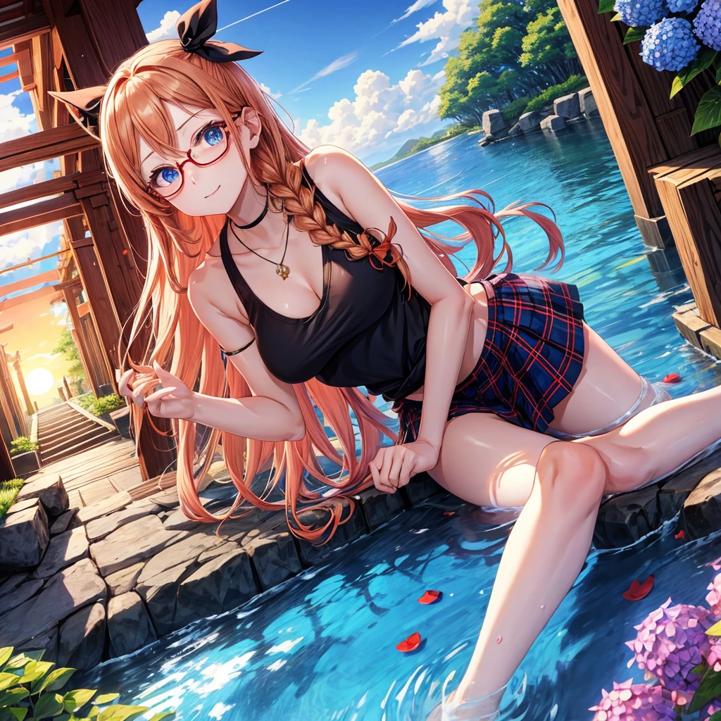 Red-blonde、blue hair、blue eyes、Braid、one good looking girl、solo、anime、Plaid miniskirt、camisole、black t-shirt、Tilting your face、Doing the ribbon、Ribbon at waist、sunset sky、shrine、stone stairs、petal、tunnel、drawing a fortune、Fallen leaves、fixing glasses、waterfall、Have a bouquet of hydrangeas、contrail