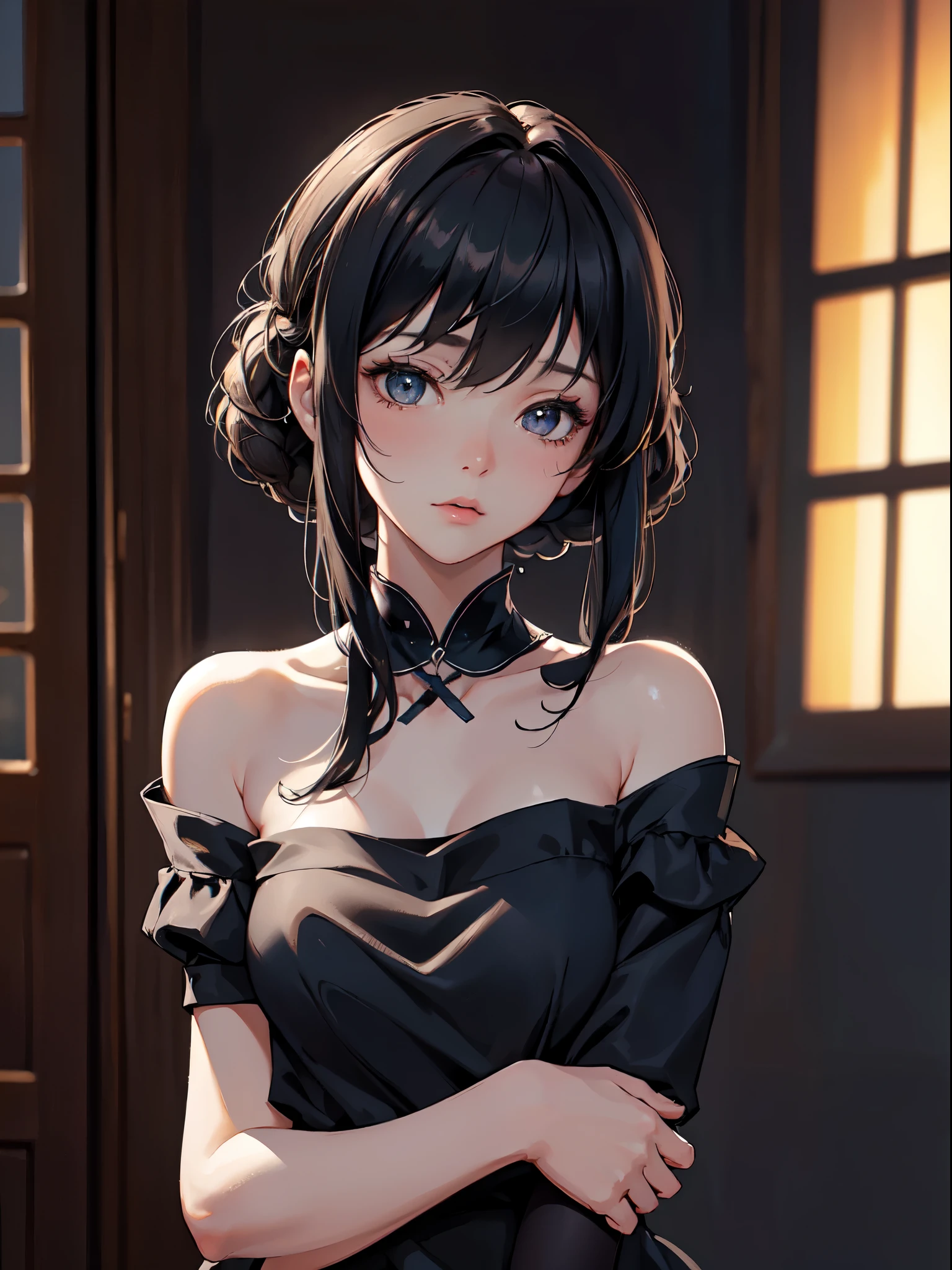 best quality,masterpiece,ultra high resolution,(lifelike:1.4),original photo,1 girl,Off the shoulders,in the darkness,deep shadow,low profile,cold light,