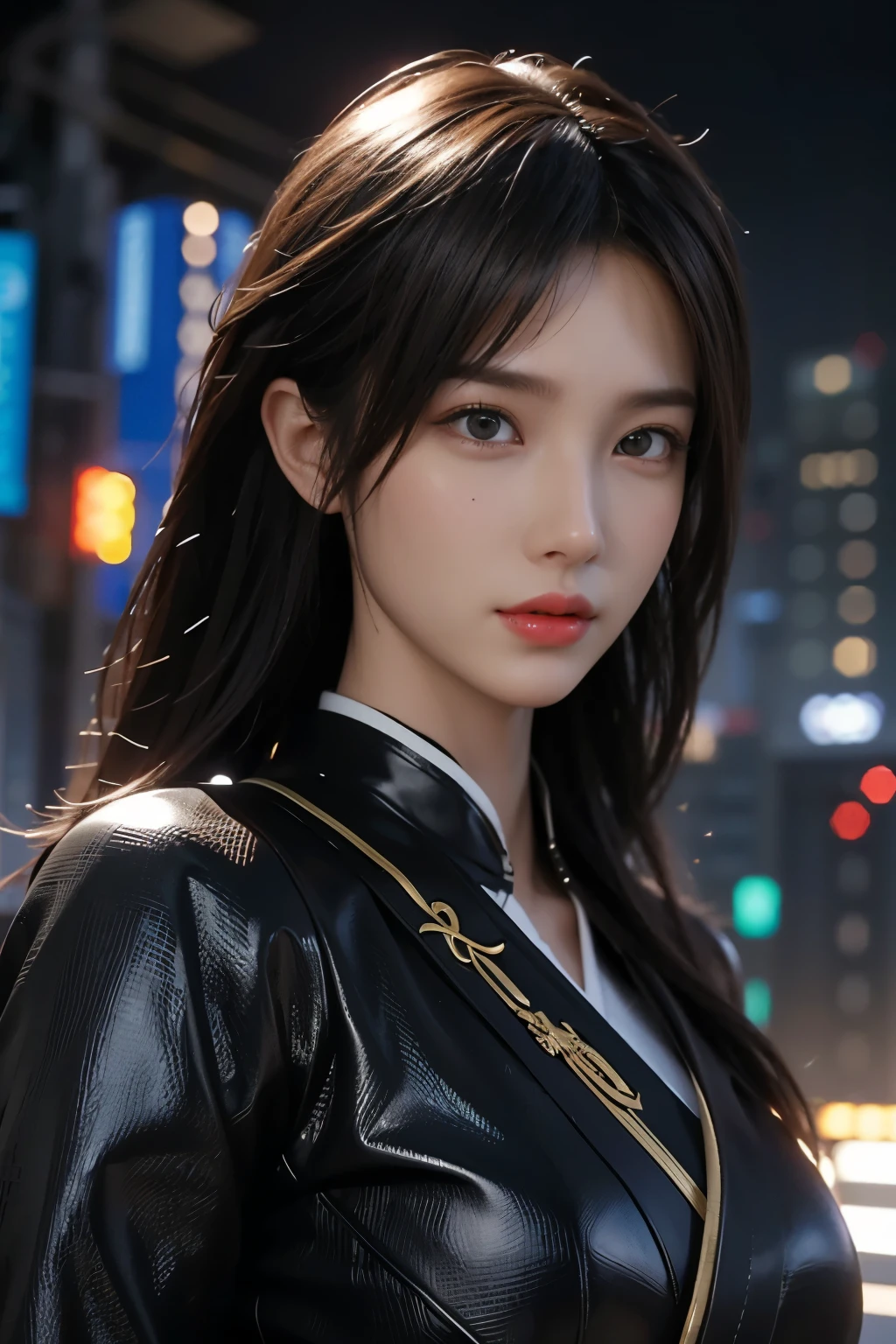 Game art,The best picture quality,Highest resolution,8K,((A bust photograph)),((Portrait)),(Rule of thirds),Unreal Engine 5 rendering works, (The Girl of the Future),(Female Warrior),22岁少女,(Long hair casual),(Future-style military wear,A beautiful eye full of detail),(Big breasts),(Eye shadow),优雅迷人,微笑,(皱眉),(Battle suits of the future,Features of Cyberpunk Fighter Clothing,Joint Armor,The dress has a fine pattern and badge),赛博朋克格斗家,((格斗游戏角色)),未来风格, 拍照姿势,街道背景,Movie lights,Ray tracing,Game CG,((3D Unreal Engine)),oc渲染反射纹