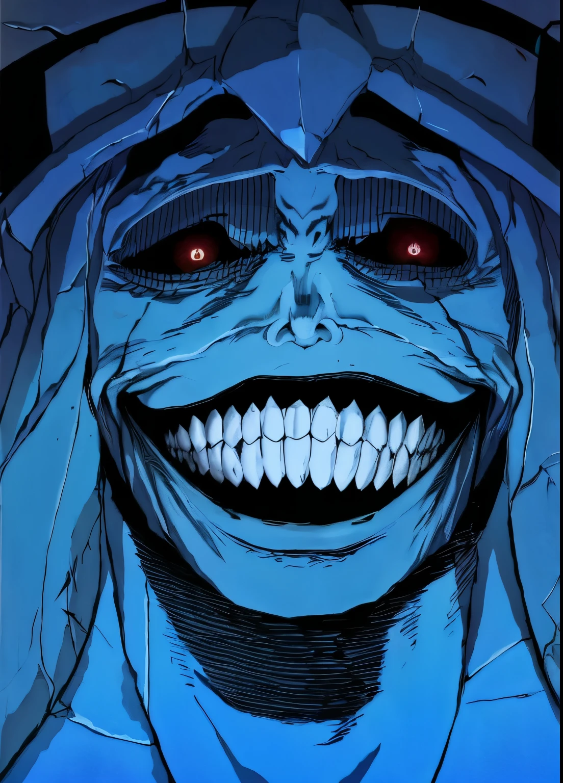 a close up of a cartoon character with a creepy smile, evil smile and glowing eyes, evil grin, wide evil grin, horrifying grin. horror, evil insane smiling laugh, grinning sinisterly, horror smile, wicked grin, malevolent smile, evil villain grin, evil smile, wicked smile, slasher smile, large eyes and menacing smile, scary smile