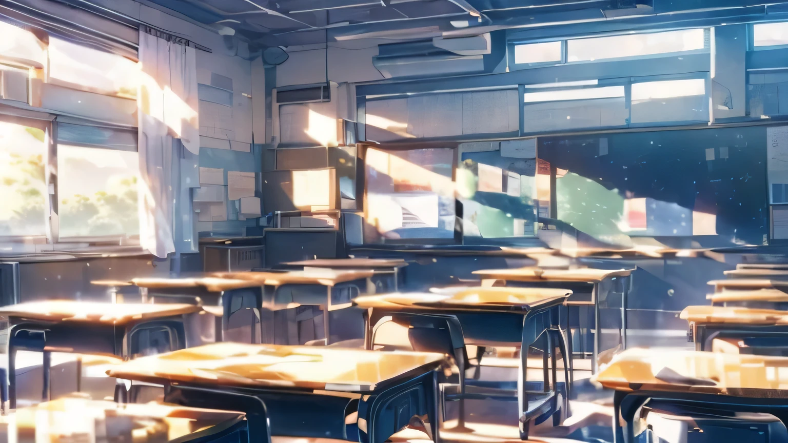 classroom、a tablet、window、landscape、indoors、sunlight、School、watermark、evening、curtain、School机、Chair、big blackboard in front of you、evening、sunset、evening、左にwindow、student from behind、Jacket、delicate、High resolution