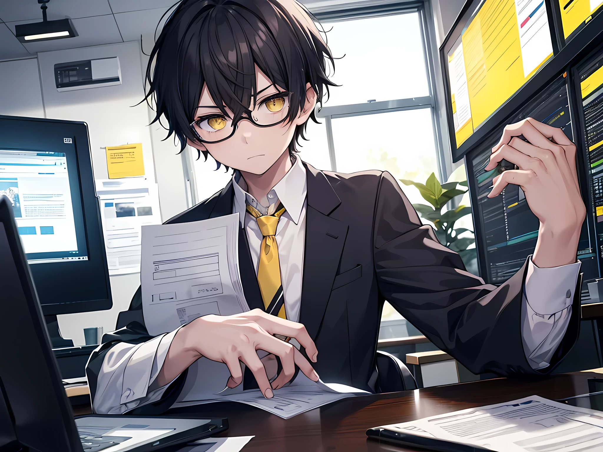 1 boy, black short hair, yellow eye colors, rounded glasses, wearing salaryman uniform, exhausted facial expression, working in front of computer with so many paper at the table, getting pushed by his boss to overwork, the background is busy office
