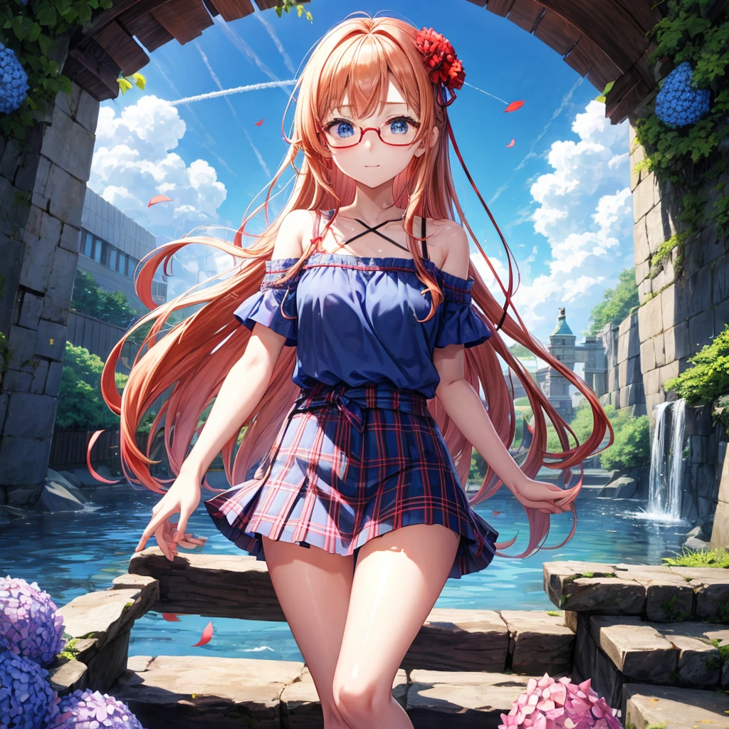 Red-blonde、blue hair、blue eyes、Braid、one good looking girl、solo、anime、Plaid miniskirt、camisole、black t-shirt、Tilting your face、Doing the ribbon、Ribbon at waist、sunset sky、shrine、stone stairs、petal、tunnel、drawing a fortune、Fallen leaves、fixing glasses、waterfall、Have a bouquet of hydrangeas、contrail、drinking water