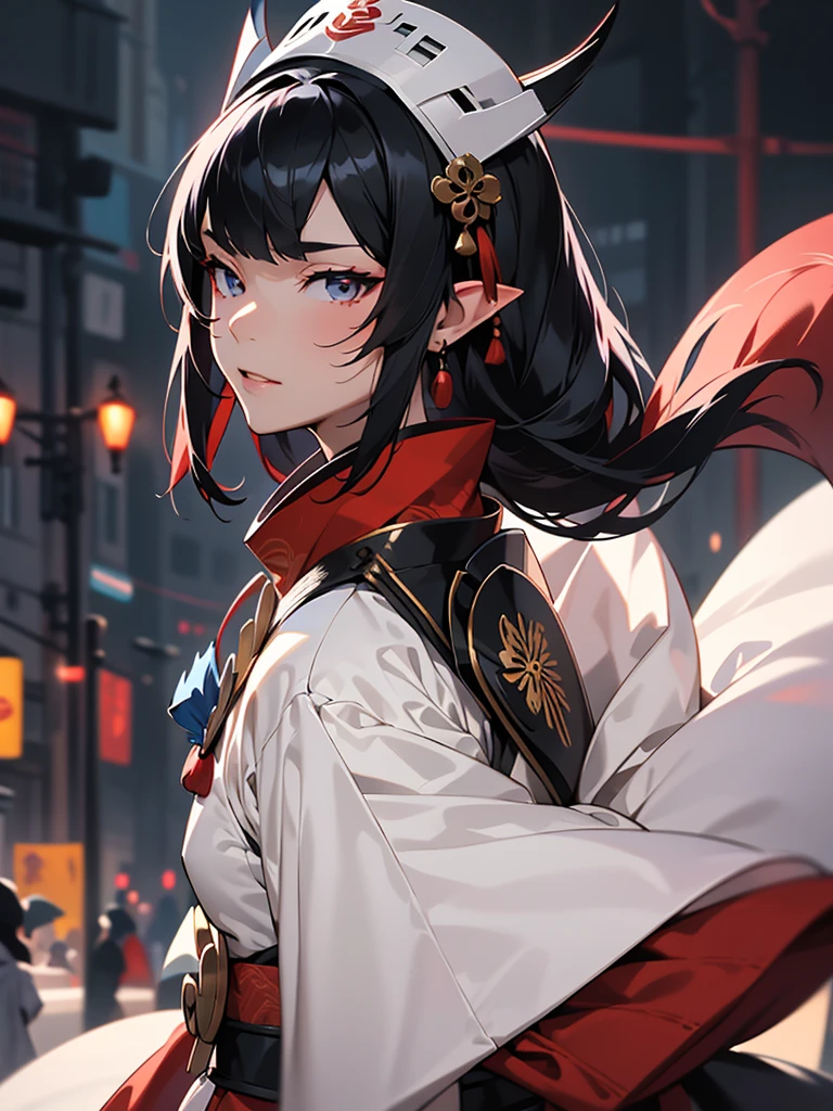 ((Japan)),((Best quality)),((beautifully painted)),((a high resolution)),1 girl in,Glowing beautiful elf daughter,(((onmyoji))),(((Suykan))),((White cloak with red decor)),Luminescent thick silver tail,(((black glove and glove))),good hand, perfect hands,(((Fight black demon monsters on the streets of the big city in the blazing night.))),((flying flame)),Armor,(Face Forcus),(((High-speed lines))),(((Blur))),(((Dynamic angle))),((cinematic lighting))