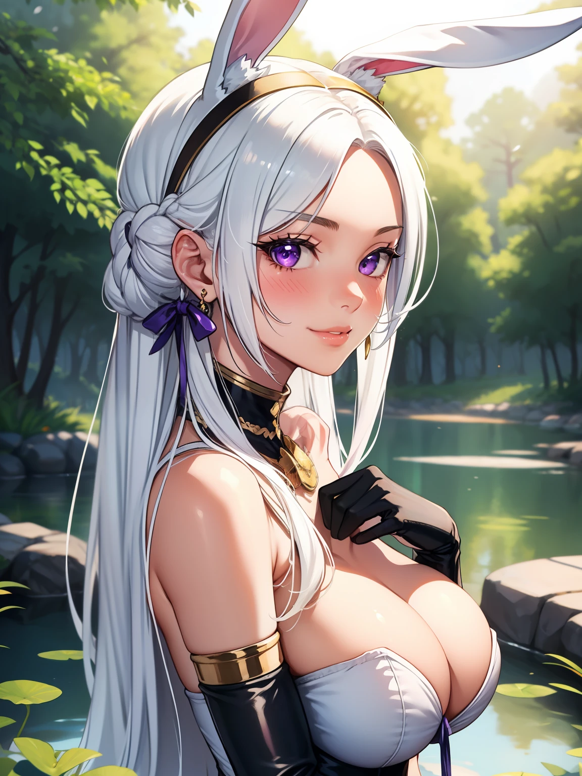 edelgard_academy, hair ribbon, white hair, purple eyes, ,1girl, solo, perfect breasts, ,earrings glossy lips ,looking at viewer, blush, large breasts, nature, pond, trees, park, long white elbow satin gloves, holding, animal ears, cleavage, bare shoulders, jewelry, very l, gentle smile, pantyhose, earrings, fake rabbit ears, leotard, fake animal ears bunny, long white elbow gloves