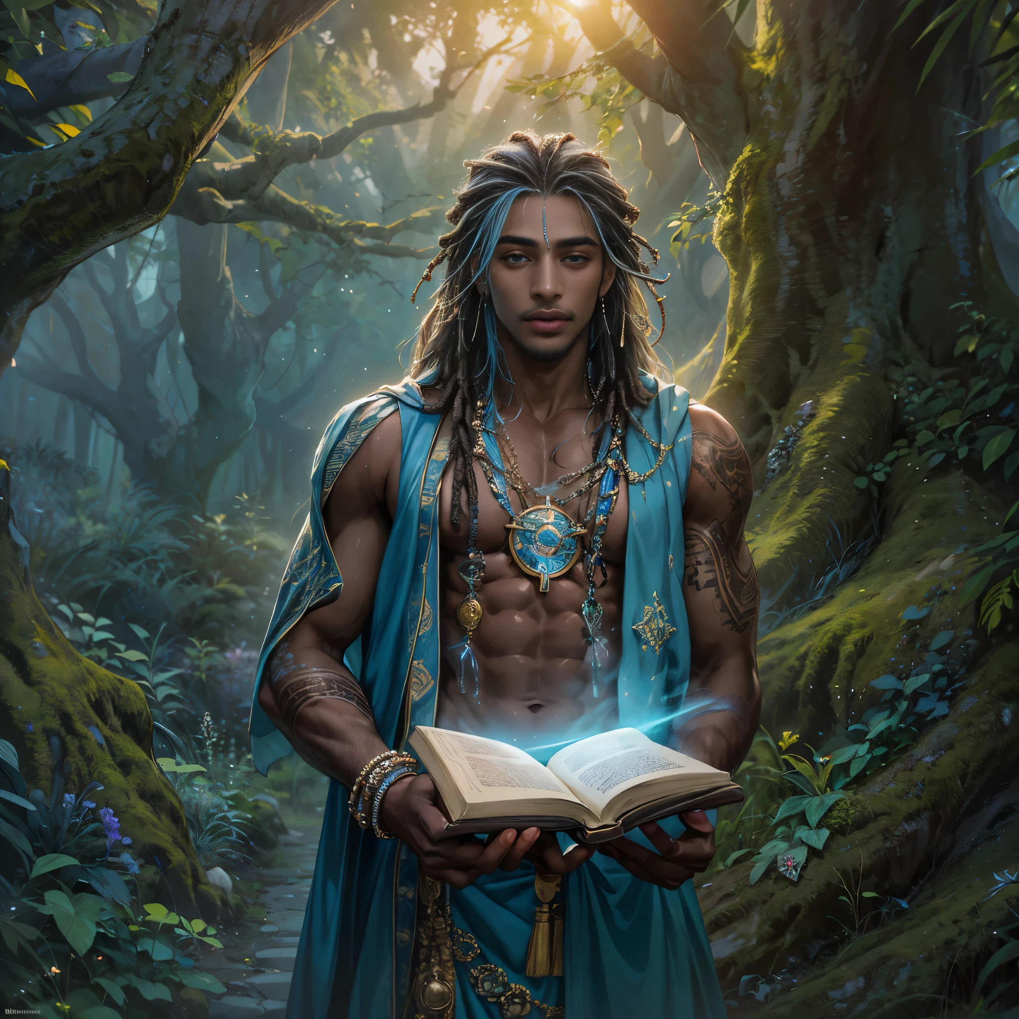 (absurdres, highres, ultra detailed, HDR), masterpiece, best quality, 1boy, (dark-skinned Haitian man), long white freeform locs, goatee and soul patch, handsome face, baby blue eyes, (handsome(from below:1.1)) detailed exterior, detailed character, wearing sleeveless open flowing ice wizard's robe revealing magic rune tattooed forearms, wearing large chunky jeweled magical bracelets, reading large ancient leather bound tome, standing outside of cannabis indica forest treehouse during golden hour atmosphere