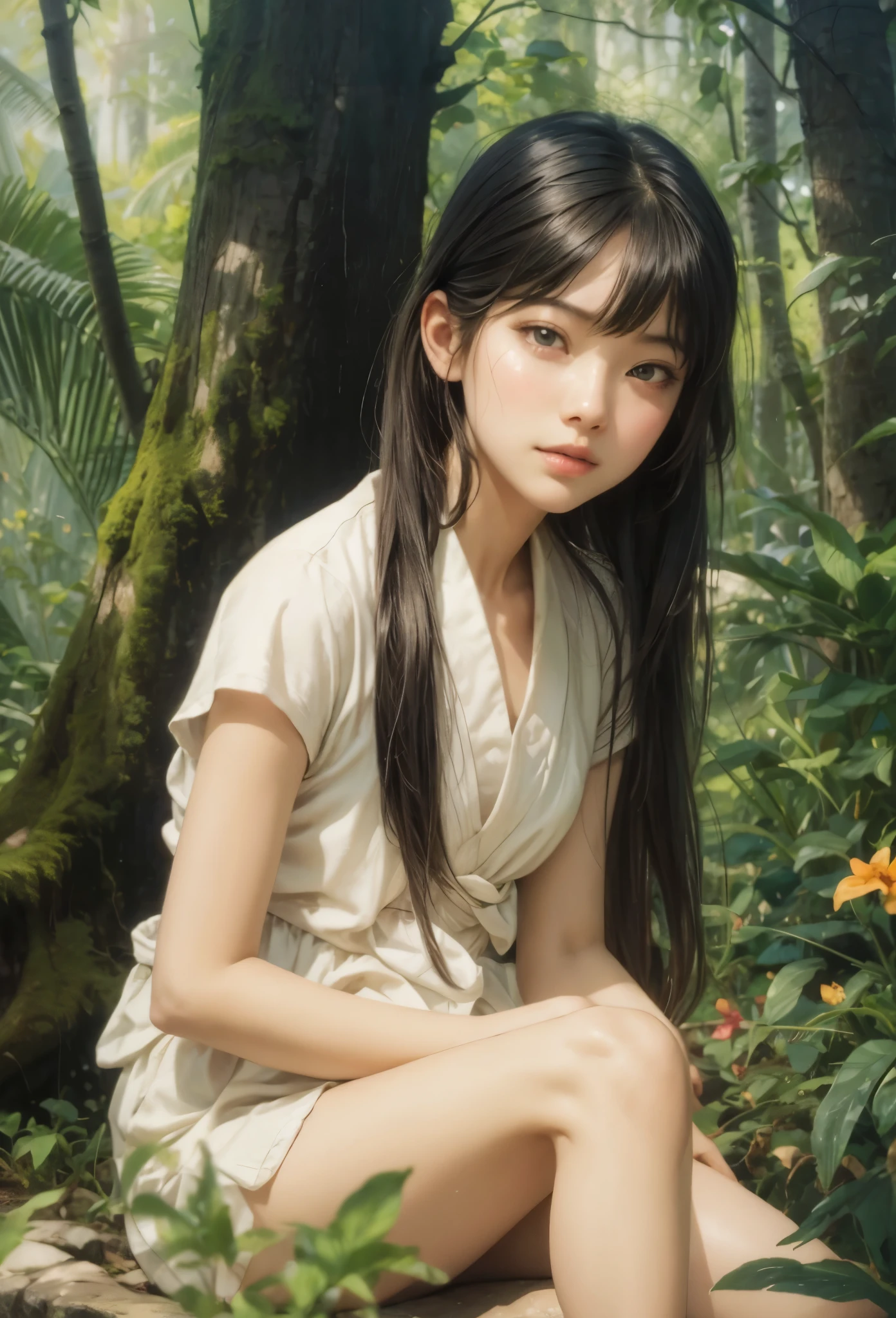 1 girl, young, , Asian girl, full body from head to toe, Realistic, realistic face, realistic eyes, worried, side lighting, wallpaper, looking at viewer, Enchanted forest in background, (( (naked))), stream in the background, outside, no clothes, no shoes,