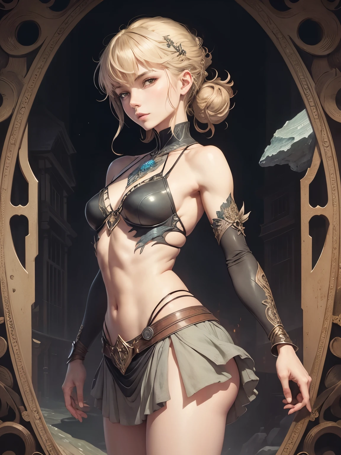 Arthur Rackham, James Jean, Walter Crane, Surreal, mysterious, strange, fantastical, fantasy, Sci-fi, Japanese anime, urban fossil hunting, mineral life, blonde miniskirt beautiful girl Alice, perfect body, detailed masterpiece wide angles