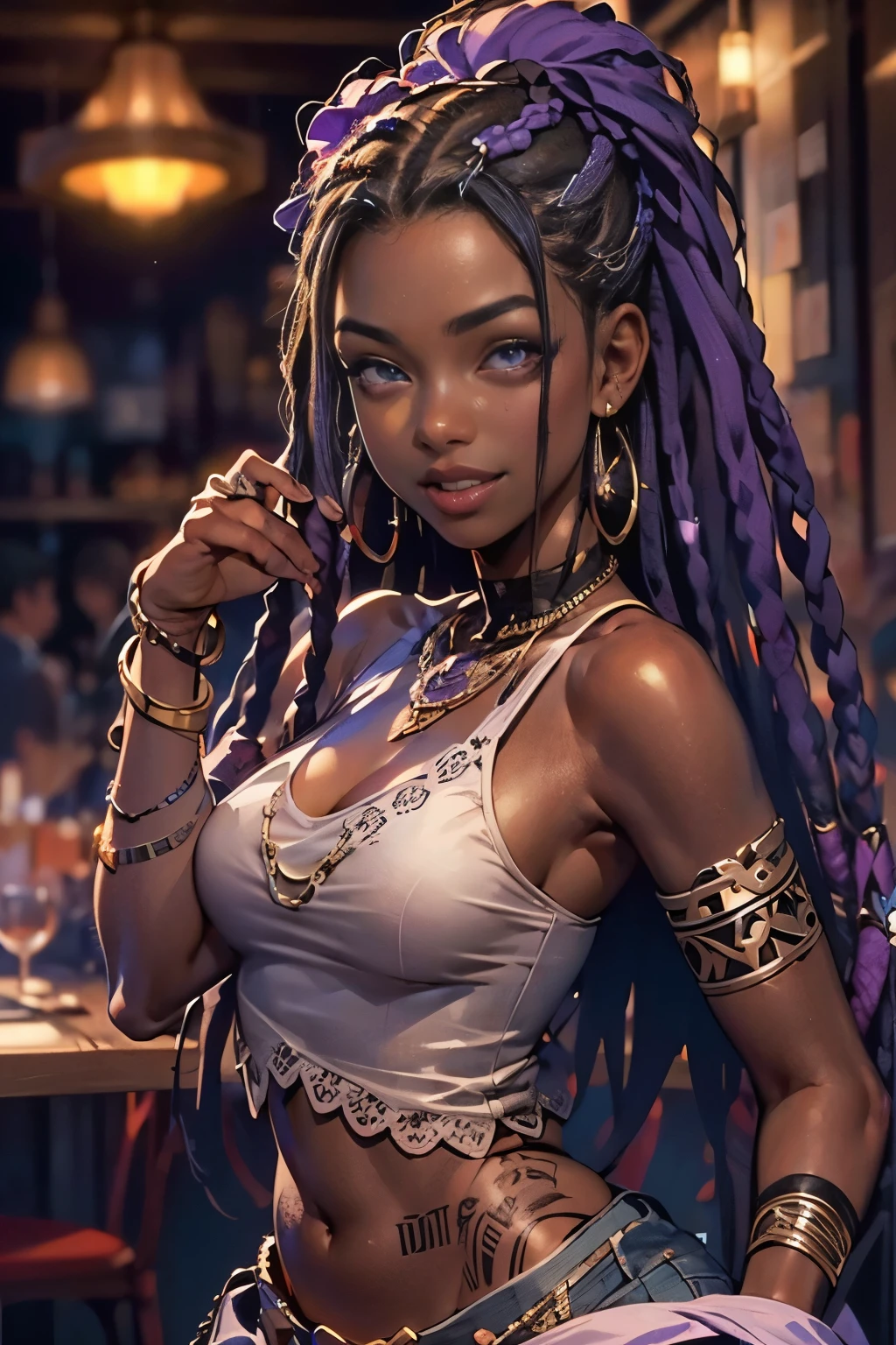 1girl, official anime art illustration, (long ((violet)) dreadlocks), violet eyes, rounded nose, (tall plump dark-skinned Haitian mature woman inside omakase restaurant), small breasts, (wearing sleeveless lace and silk crop top), tatoo above navel, golden armlets and bracelets, ripped skinny jeans, plump thighs, waist beads, smile, perfectly photorealistic, incredibly detailed, 8k, UHD, masterpiece, best quality, ultra detailed, intricate,