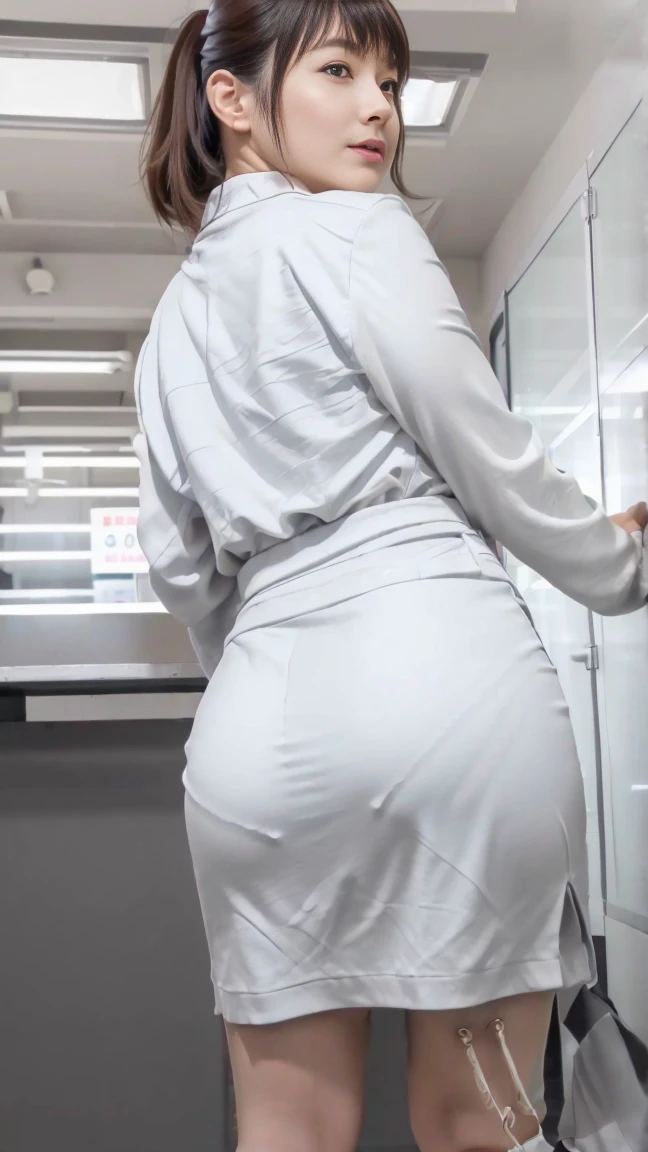 (highest quality, 8K, 32K, masterpiece, UHD:1.2), from behind, 1 beautiful girl, beautiful japanese office lady, (looking at the viewer), a little chubby, gray suit, gray mini skirt, open jacket, office room, machine, (huge breasts, buttocks:1.2), detailed beautiful face, ponytail hair, from below, raise one leg