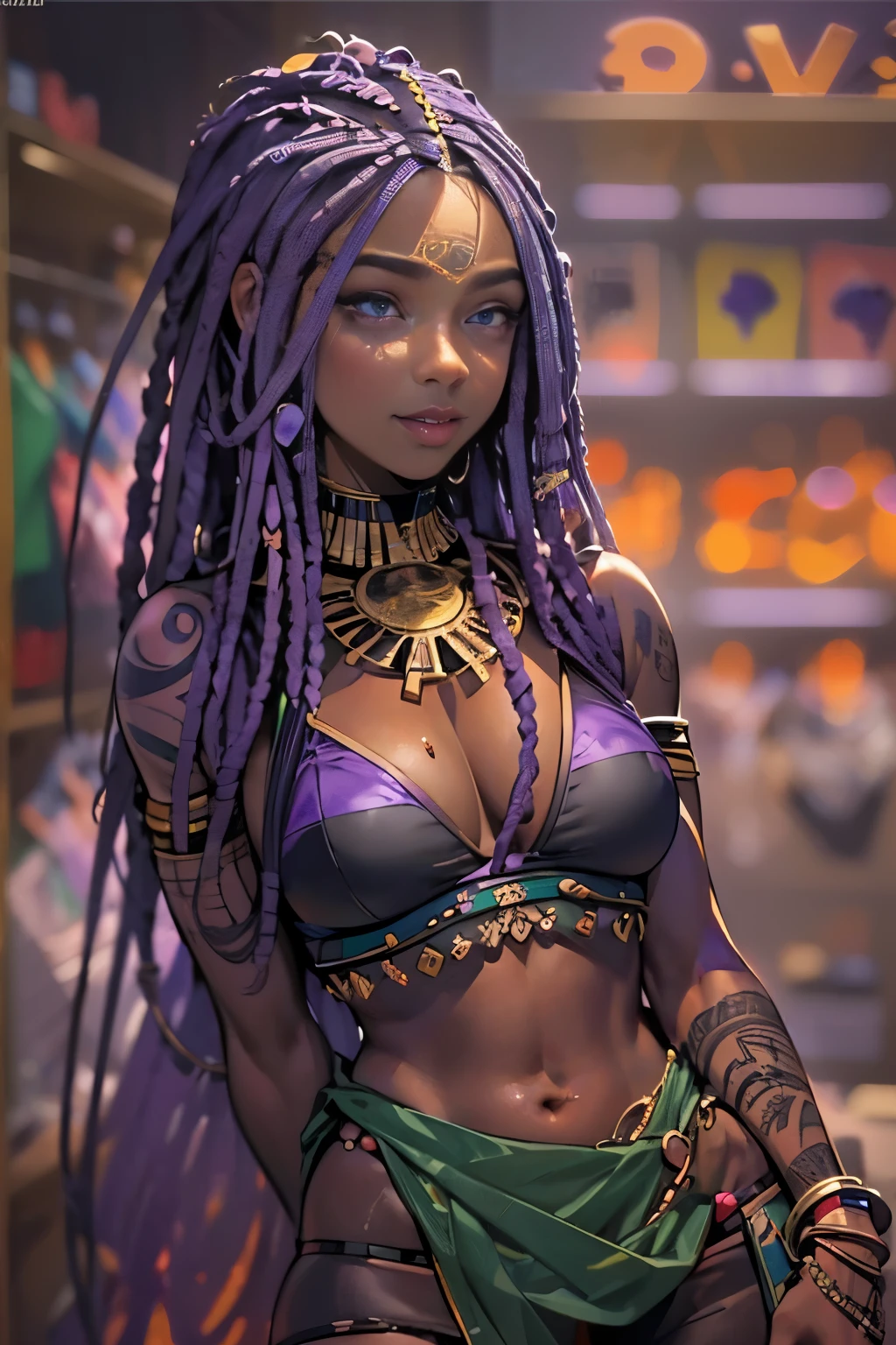 1girl, official anime art illustration, (long ((violet)) dreadlocks), violet eyes, rounded nose, (tall dark-skinned Haitian mature woman inside department store fitting rooms), natural teardrop breasts, (wearing Pan-African flag bikini), tattoo above navel, golden armlets and bracelets, plump tattooed thighs, hairy pubes exposed, waist beads, smile, perfectly photorealistic, incredibly detailed, 8k, UHD, masterpiece, best quality, ultra detailed, intricate, NSFW 