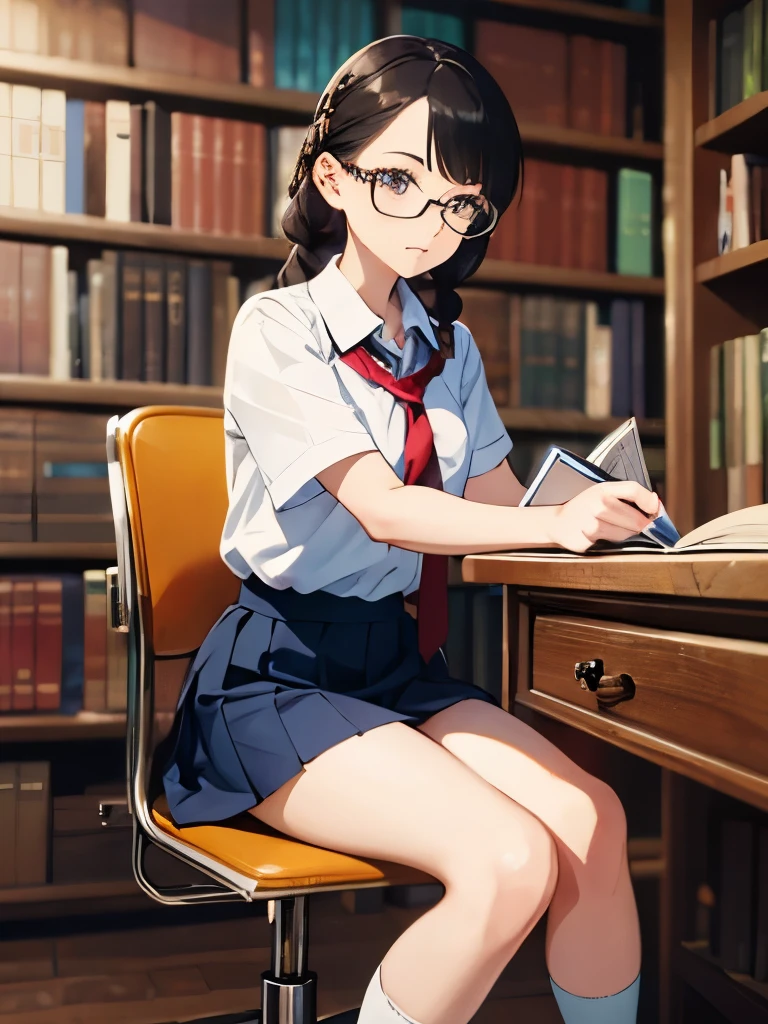 (((masterpiece))) ((( background : school theme : students : in library : books ))) ((( character : female : fit body :  braided hair : nerd : wearing glasses : white school uniform : sitting : focus studying )))