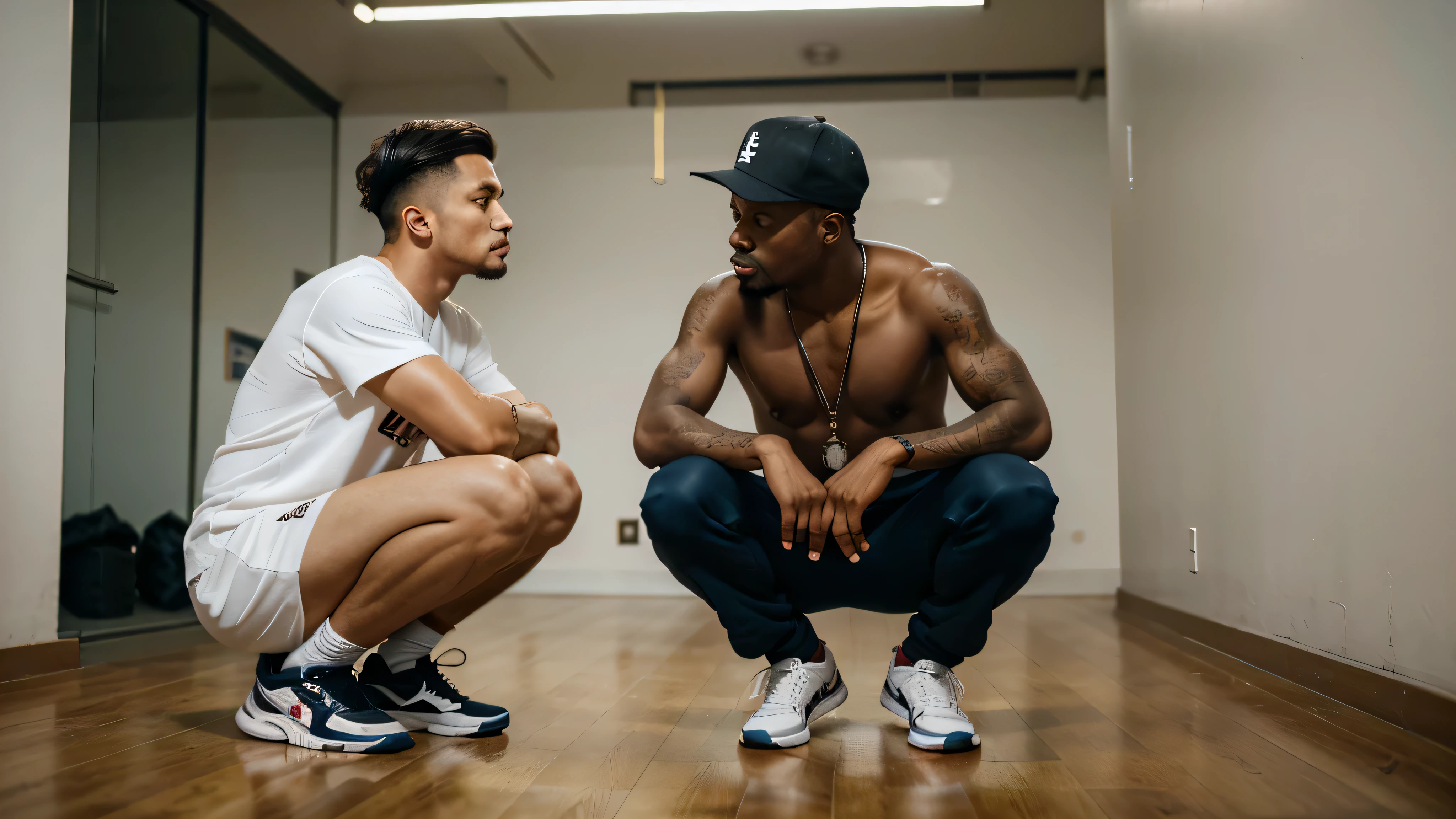 2 dois estilos de hip hop, agachado com um nervoso, Serious look, In floor, 1 man coming to greet the one who is crouching