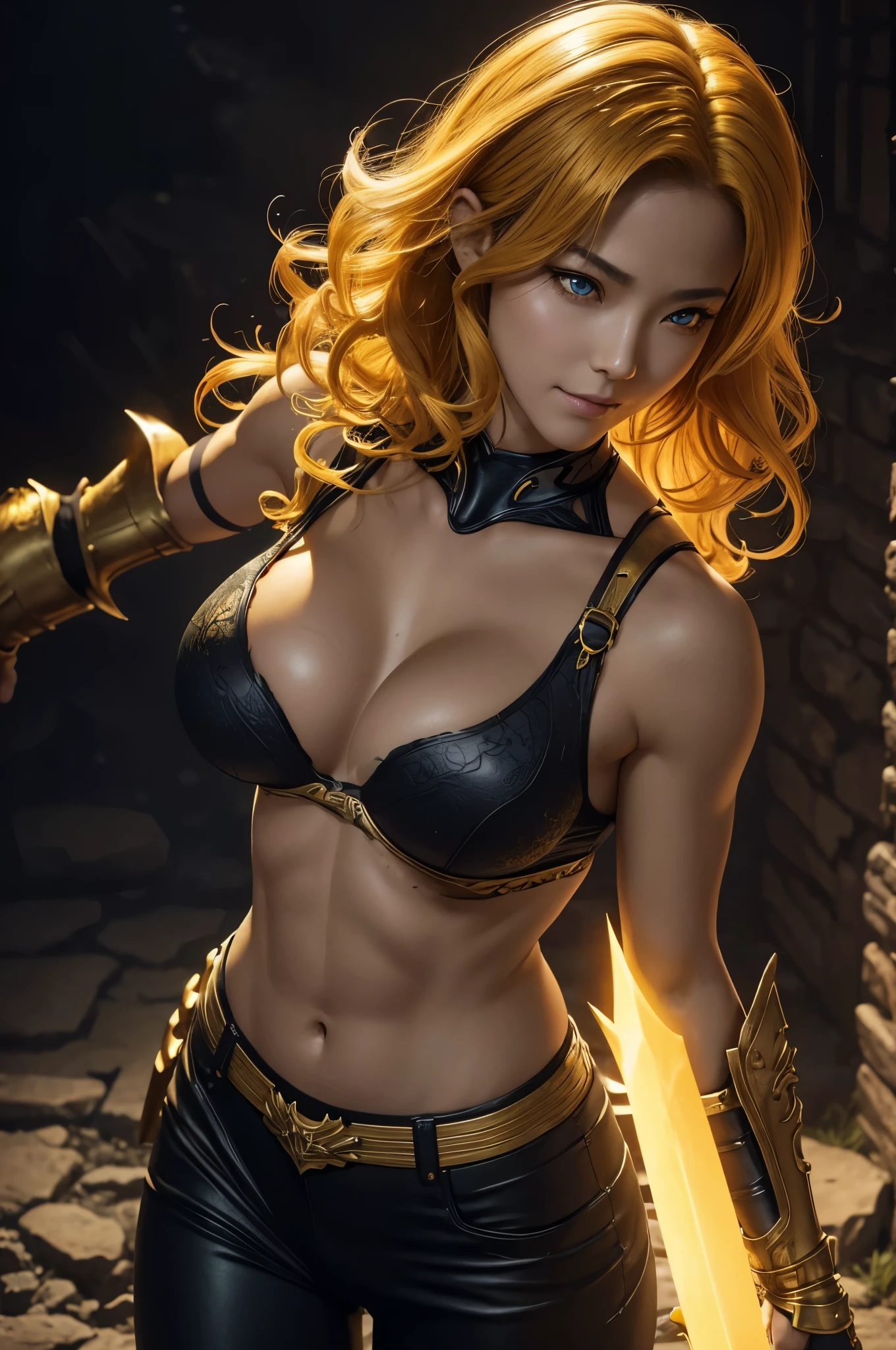 8K,looking down from above描写,Beautiful mature female demon, 3 horns, Cruel smile, Yellow skin, sexyなと黒の胸鎧, (fiery eyes:1.2), Seduce me, underworld earth background, (masterpiece), (realistic:1.4), born, highest quality, ultra high resolution, rich colors, Backlight, cinematic lighting, film grain, born, 50mm lens, Nikon D850, warm colors,super realistic skin,inside a dark dungeon,very big breasts,looking down from above描写,yellow curly hair,Ghost Girl,has a long and large sword,battle scene,action scene,action pose,gorgeous yellow shoulder armor,gorgeous yellow gauntlet,trained body,Severely cracked abdominal muscles,very big breasts,looking down from above,sexy,luxurious and black pants,ugly hair,tiger pattern chest armor,
