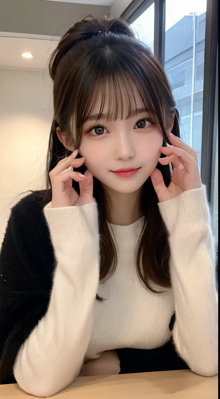 table top, highest quality, shape, Super detailed, finely, High resolution, 8k wallpaper, 完璧なダイナミックな構shape, beautiful and detailed eyes, Gorgeous black fluffy Tokyo winter clothes,ランダムなcute髪,small breasts,natural color lip, bold sexy pose,smile、20 year old girl、cute、sexy shot looking at camera,Always blur the background,perfect and beautiful face,Take only the face,beautiful and detailed face、slim face and style,Big eyes、Do gal makeup