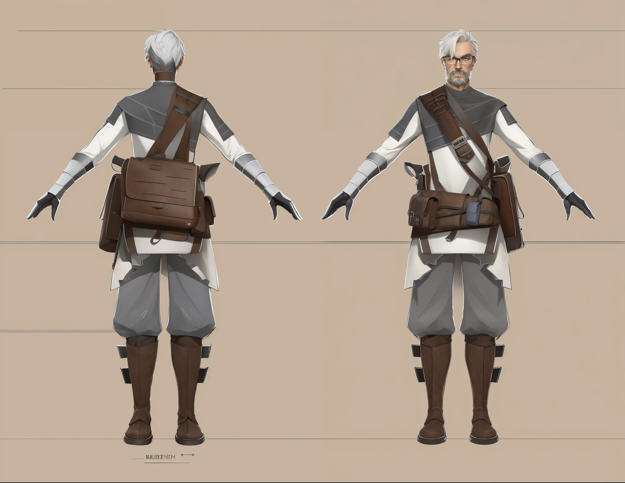 (Realistic:1.33),(masterpiece:1.1),(highest quality:1.1),(HDR:1),a close up of a man with a medieval fantasy bag and a backpack, full body character concept, full body concept, detailed full body concept art, concept shirt, detailed full body concept, full body concept art, philosopher medieval style character, game character design, concept character, full body character concept art, 3 d character reference sheet, male, video game character concept, detailed character design, character sheet, character model sheet turnaround , front and back, front and back, medieval philosopher wearing black and white shirt with leather bag full of paper, white and black costume, philosopher glasses, ( brown leather boots ), waist leather bag, Shoulder Armor with Moonlit Edges, grey clean background