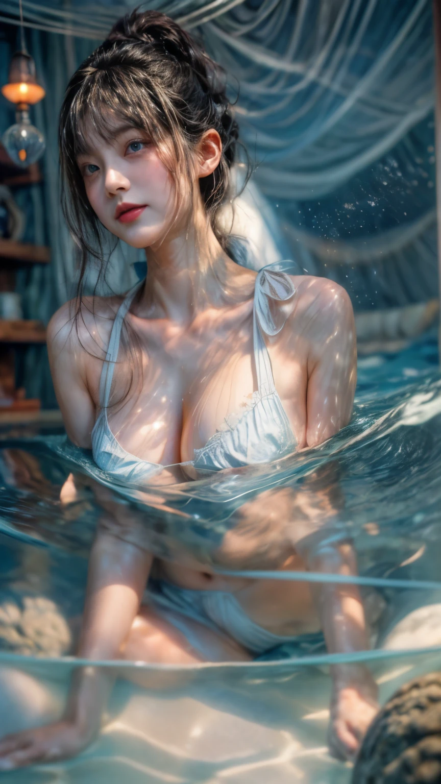 masterpiece、8K、32K、highest quality、(cute japanese woman、bangs:1.3)、23 years old、1 girl、elegant、room、(summer:1.1)、sunset、(huge cleavage:1.2)、sit、(dripping water:1.4)