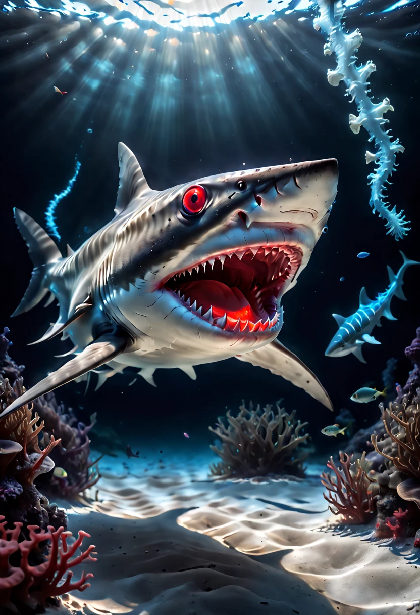 red eyes ferocious Shark, Capture the ethereal dance of light and shadow in a stunning monochromatic photograph with selective color details, revealing the hidden poetry of Bioluminescence, underwater, (realistic, photorealistic, RAWphoto:1.4), octane render, intricate, (best quality, masterpiece, Representative work, official art, Professional, 8k wallpaper:1.3)