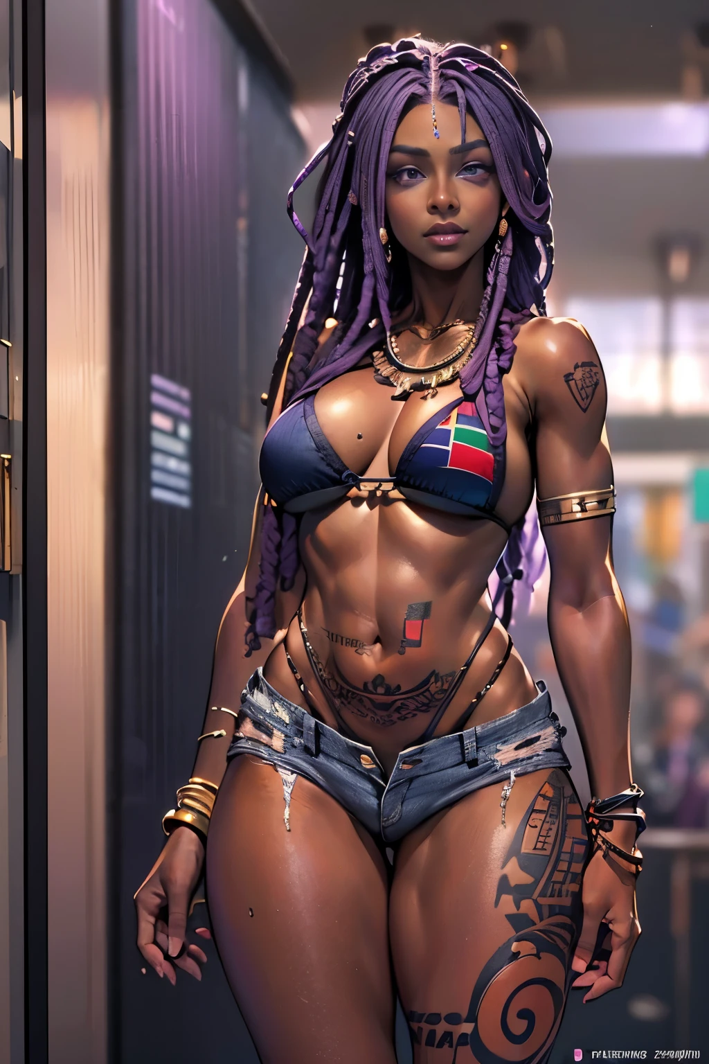 1girl, official anime art illustration, (long ((violet)) dreadlocks), violet eyes, rounded nose, (tall dark-skinned Haitian older woman inside department store fitting rooms), natural teardrop breasts, (wearing Pan-African flag bikini top), tattoo above navel, golden armlets and bracelets, ripped black denim jean shorts, plump tattooed thighs, lip biting grin, trying on heels, stretch marks and cellulite, perfectly photorealistic, incredibly detailed, 8k, UHD, masterpiece, best quality, ultra detailed, intricate, NSFW 