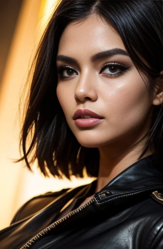 a close up of a woman wearing a leather jacket, inspired by Hedi Xandt, trending on cg society, popular south korean makeup, chin-length hair, dark cape, 💣 💥, south east asian with round face, avatar image, wlop loish and clamp style, instagram model, cindy avelino, with short hair, hana alisa omer, makeup