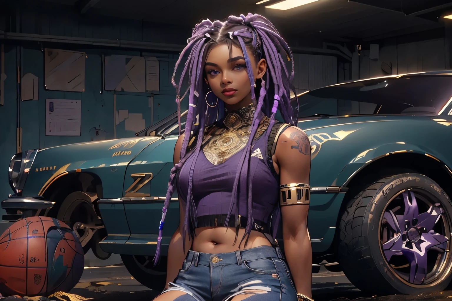 1girl, official anime art illustration, (long ((violet)) dreadlocks), violet eyes, rounded nose, (tall plump dark-skinned Haitian mature woman inside mechanics garage in front of Carthage tech luxury sedan), small breasts, (wearing sleeveless lace crop top), tattoo above navel, golden armlets and bracelets, ripped skinny jeans, plump thighs, grease stains, wearing hi-top basketball sneakers, perfectly photorealistic, incredibly detailed, 8k, UHD, masterpiece, best quality, ultra detailed, intricate,