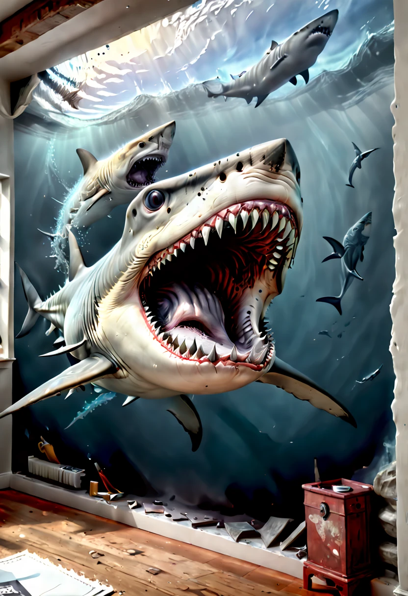 9 postcard wall, bloody mouth Shark, (realistic, photorealistic, RAWphoto:1.4), octane render, intricate, (best quality, masterpiece, Representative work, official art, Professional, 8k:1.3)