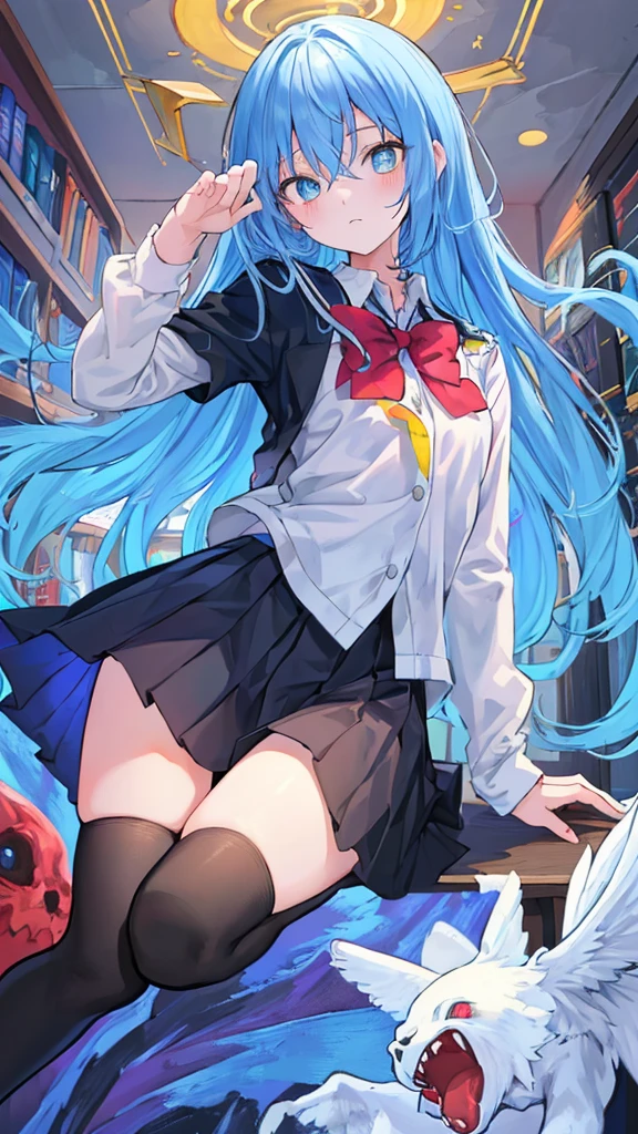 beautiful illustration, Best quality, 1 guy,One,(whole body:1.1), school uniform,black hip-high shelf:1.2), (Highest image quality),Colorful,(masterpiece:1.5),ultra high resolution,Best quality,extremely detailed wallpaper,(complex part),detailed light, light-blue hair, zombie