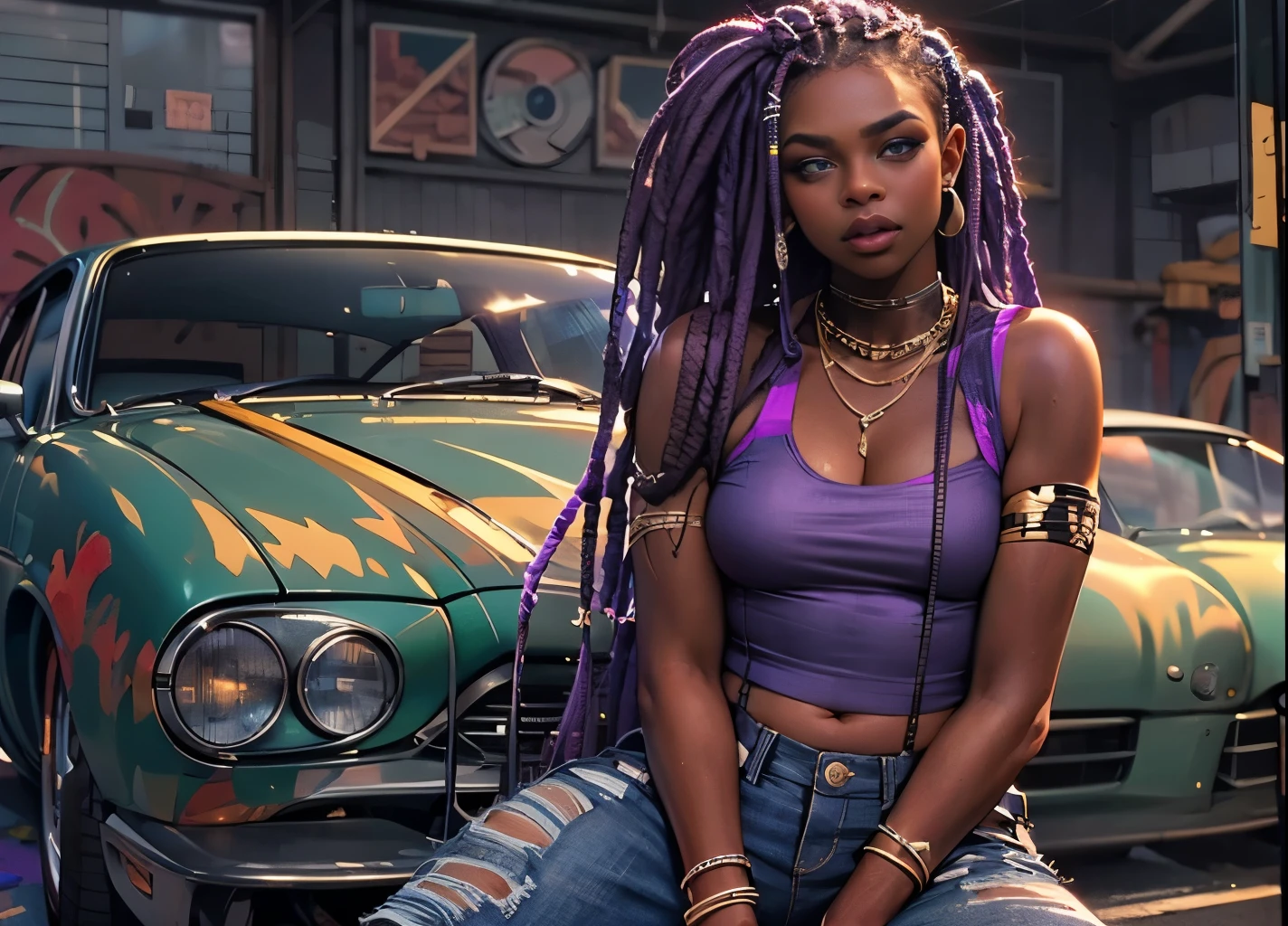 1girl, official anime art illustration, (long ((violet)) dreadlocks), violet eyes, rounded nose, (tall dark-skinned Haitian mature woman inside mechanics garage crouched posed in front of (candy-painted luxury) sedan), small breasts, (wearing sleeveless lace crop top), tattoo above navel, golden armlets and bracelets, ripped skinny jeans, plump thighs, wearing hi-top athletic sneakers, perfectly photorealistic, incredibly detailed, 8k, UHD, masterpiece, best quality, ultra detailed, intricate,