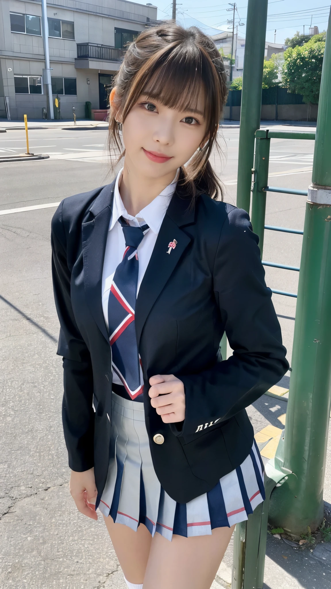 mix 4, (16K, Raw photo, best image quality, masterpiece: 1.45), (realistic, Photoreal: 1.37), one girl, cute, cityscape,, professional lighting, photon mapping, school classroom, Physically based rendering, dark brown hair,ponytail hairstyle, Beautiful well-groomed eyes、((double eyelid))、super cute girl, (((school uniform、blazer、Long-sleeved shirts worn by Japanese high school girls、ribbon tie、Navy blue super super super mini skirt,、dark blue socks、black loafers))), highest quality photos, High resolution, 1080P, (clear face), (Detailed facial description), (detailed description of hands), (masterpiece), (Detailed CG)、extreme light and shadow、messy hair、master work、Rich details、(detailed facial features)、(highest quality photos)、(Masseter muscle part)、(detailed eye)、look in front of you、thin clavicle、((slender and big))、(((Japanese high school girls wear long-sleeved shirts)))、((neat idol))、((school gate、schoolyard、School building in the background))、(Take photos from random viewpoints)、(((Anyway it&#39;s cute)))、earrings、big smile、Draw the whole body from the knees、Do not draw fine lines、(((Sports bags used by Japan schoolgirls)))、(small breasts:1.2)、small buttocks with tension、Two arms and two legs、(((from the front:0.7)))、bare hands、(((symmetrical eyes)))、standing pose、put your hands on the desk、Do not remove the tie from the jacket､