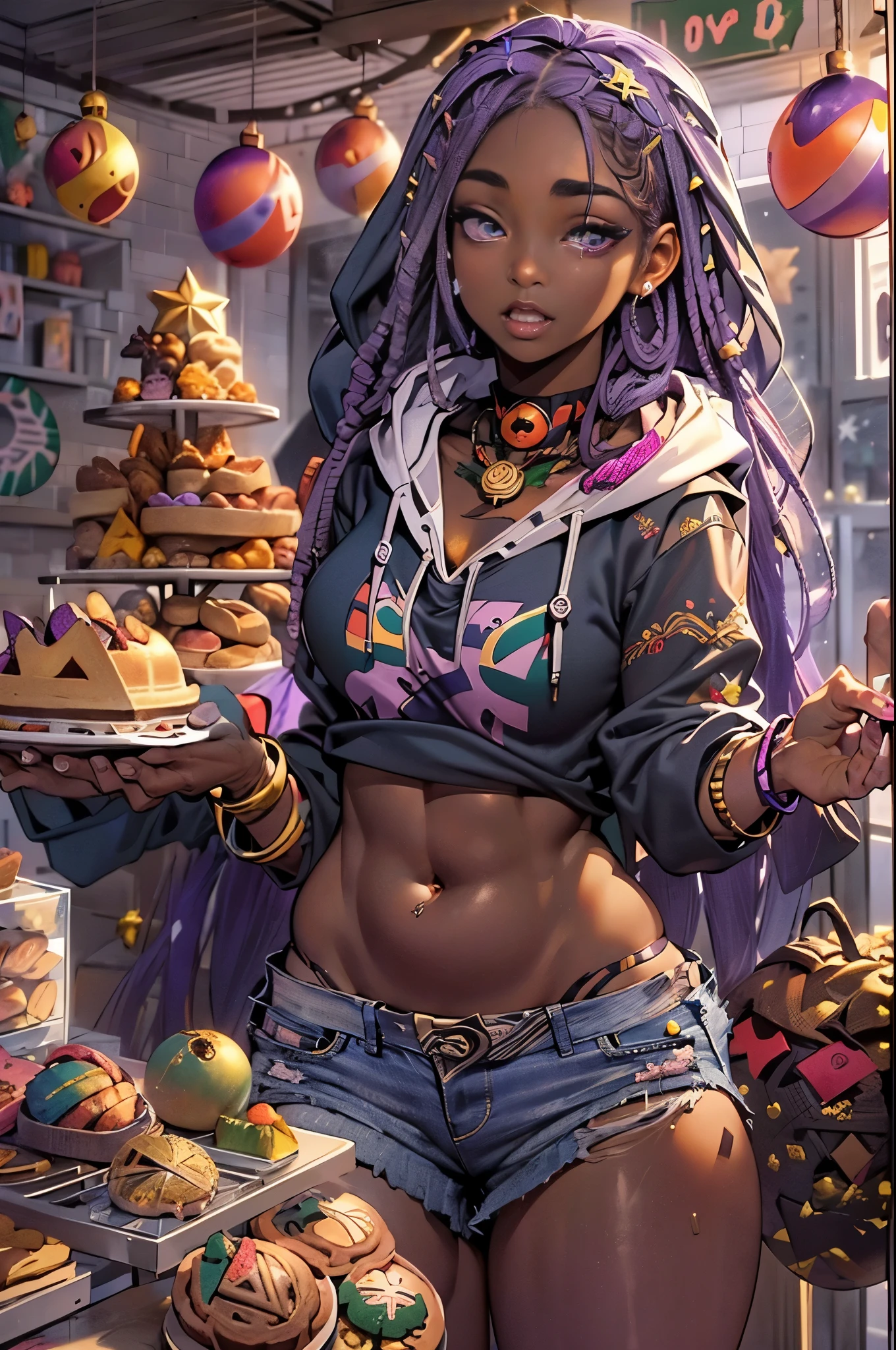 1girl, official anime art illustration, (long ((violet)) dreadlocks), violet eyes, rounded nose, smokey cat eye makeup, ((tall plump dark-skinned older Caribbean woman inside Christmas themed bakery next to fresh pastries)), small breasts, (wearing watermelon motif cropped hoodie), tattoo above navel, golden armlets and bracelets, dark ripped skinny jeans, plump thighs, excited expression, holding coffee in hand, perfectly photorealistic, incredibly detailed, 8k, UHD, masterpiece, best quality, ultra detailed, intricate,