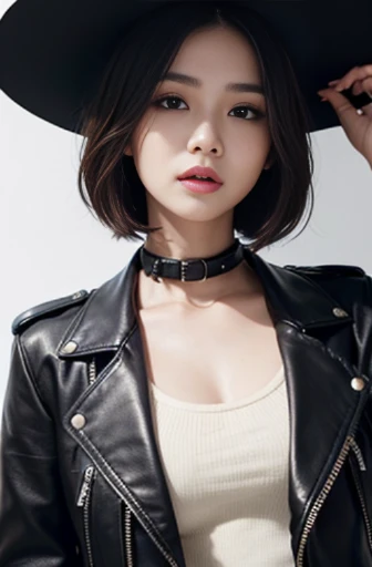 a close up of a woman wearing a leather jacket, inspired by Hedi Xandt, trending on cg society, popular south korean makeup, chin-length hair, dark cape, 💣 💥, south east asian with round face, avatar image, wlop loish and clamp style, instagram model, cindy avelino, with short hair, hana alisa omer, makeup
