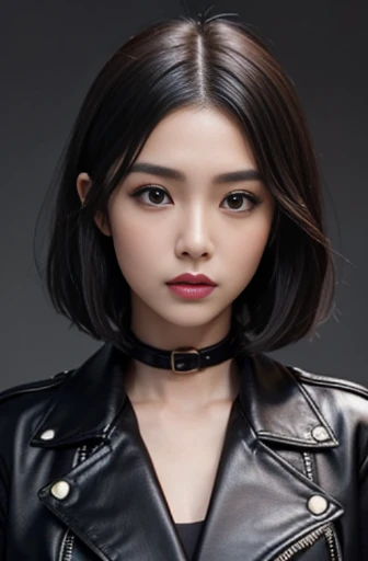 a close up of a woman wearing a leather jacket, inspired by Hedi Xandt, trending on cg society, popular south korean makeup, chin-length hair, dark cape, 💣 💥, south east asian with round face, avatar image, wlop loish and clamp style, instagram model, cindy avelino, with short hair, hana alisa omer, makeup