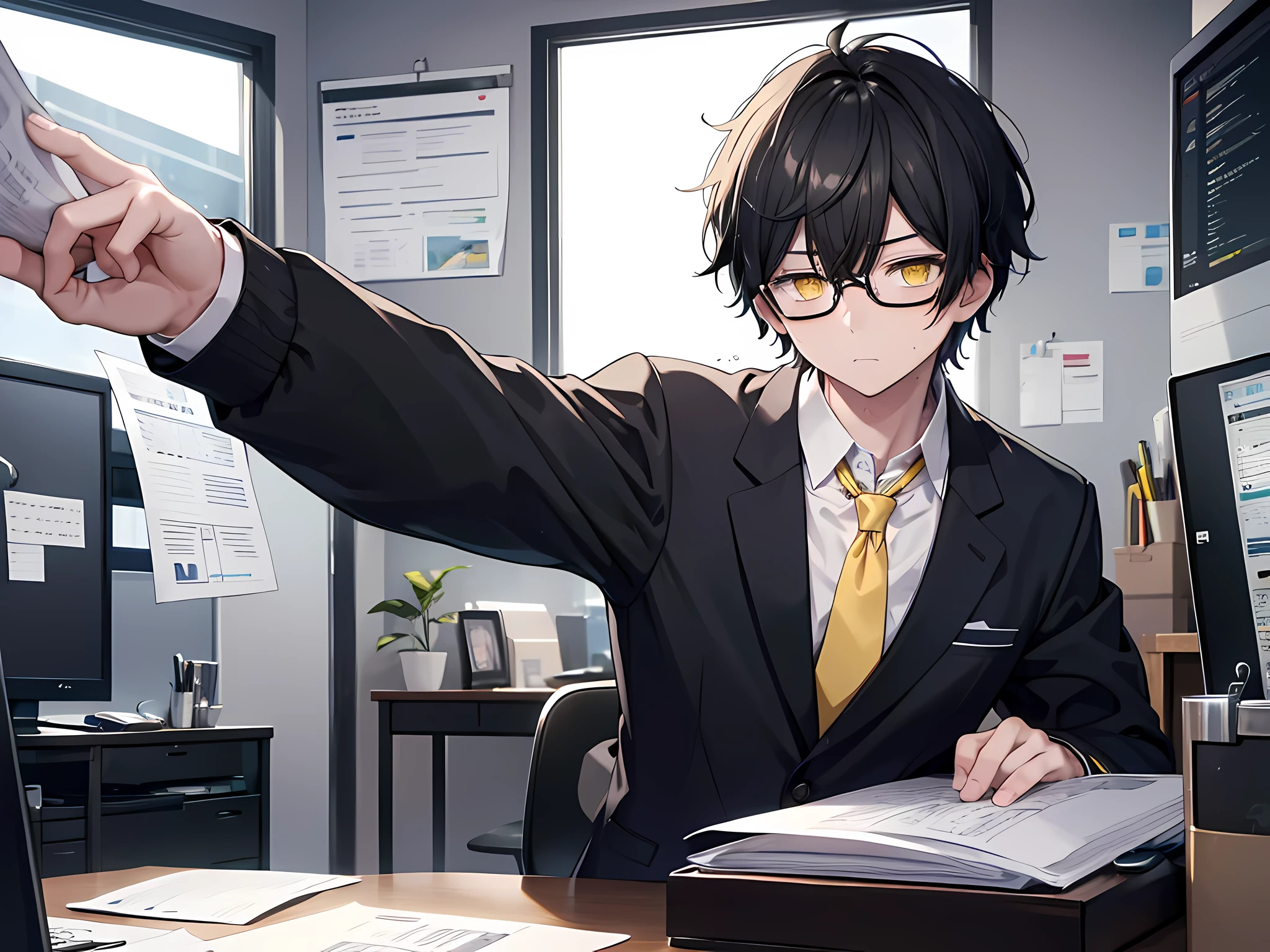 1 boy, black short hair, yellow eye colors, rounded glasses, wearing salaryman uniform, exhausted face, working in front of computer with so many paper at the table, getting pushed by his boss to overwork, the background is busy office