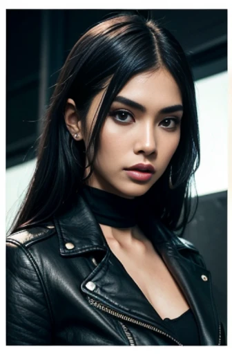 a close up of a woman wearing a leather jacket, inspired by Hedi Xandt, trending on cg society, popular south korean makeup, chin-length hair, dark cape, 💣 💥, south east asian with round face, avatar image, wlop loish and clamp style, instagram model, cindy avelino, with short hair, hana alisa omer, makeup