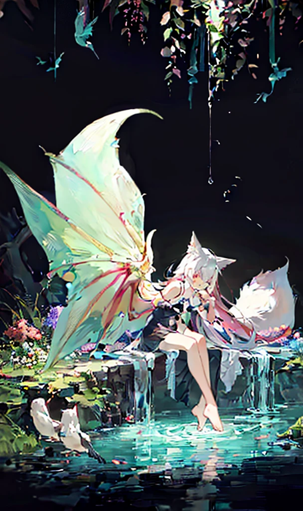 1 girl, One, Dragon Wings, dragon tail, tail, long hair, Side up, one Side up, Black background, enchanted forest, nature, trees, dryad, Fox ears, animal ear fluff, flowers, Active pose, whole body, flower hair, Bright hair color, glowing hair, divine, goddess, Barefoot, doll face, upside down eyes, long eyelashes, animals, birds, is sitting, looking, Glowing water, middle of the lake, Flowerbed, light, night, small
