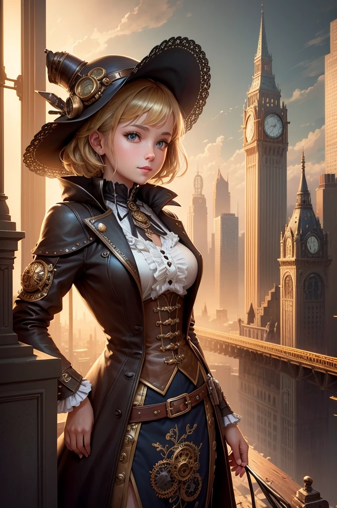 Create an illustration depicting a little girl overlooking a steampunk cityscape. that girl has dark skin, short blonde hair and sparkling blue eyes. The girl should be standing in a vantage point, roof, bridge, wait., Overlook the intricately designed city of steampunk. The cityscape should be meticulous and detailed, Show off the intricacies of gears, pipe, And glamorous architecture. Her expression was、It is sure to be one of the surprises and curiosities when observing a bustling city full of mechanical wonders, blimp, And glamorous architecture. Wrap the scene in a warm atmosphere, Golden light to enhance the atmosphere, Emphasize brass and copper tones of steampunk elements. Capturing the adventurous spirit and charm in a girl's eyes, Reflecting the charm of the fantastic steampunk world around her. The whole illustration should have a nostalgic vibe, Girl smile. very detailed, vivid appearance, creative action, very detailed, Imaginative, sensual, voluntary, highest quality, skin texture, intricate details, (cinematic lighting), RAW photo, 8K, masterpiece,highest quality,super detailed,very detailedイラスト,very detailed,intricate details,High resolution,超intricate details,very detailed 8K cg wallpaper,