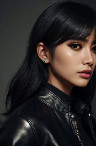 a close up of a woman wearing a leather jacket, inspired by Hedi Xandt, trending on cg society, popular south korean makeup, chin-length hair, dark cape, 💣 💥, south east asian with round face, avatar image, wlop loish and clamp style, instagram model, cindy avelino, with short hair, hana alisa omer, makeup