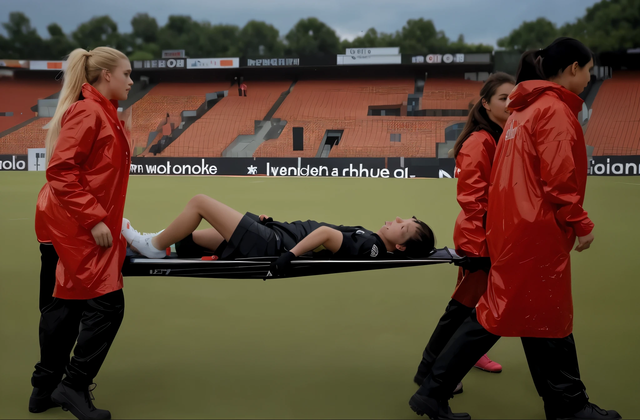 Menschen beobachten, how an injured footballer is carried on a stretcher in a sports stadium by two very pretty young women in satin blouses, shiny white satin shirts on pretty girls, an injured footballer, who, lying on a stretcher, roars in pain, 2806927615, 3278750727, 3580780586, 3 4 5 3 1, 3237315913