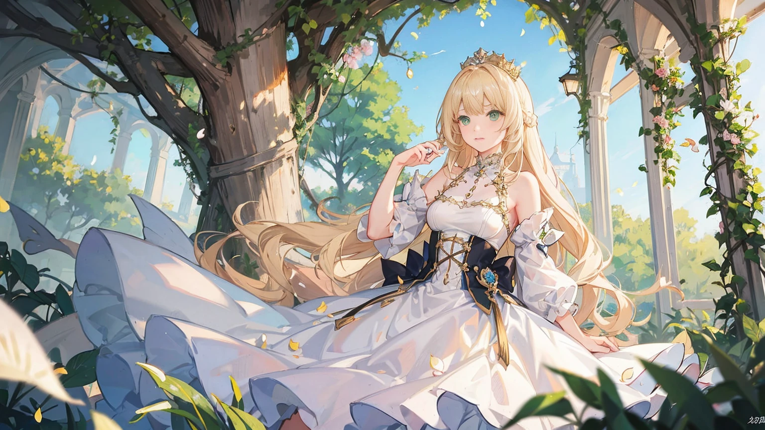 thin blonde hair、green eyes、wavy hair、long hair、crown、white dress、gem、fantasy、petal、night