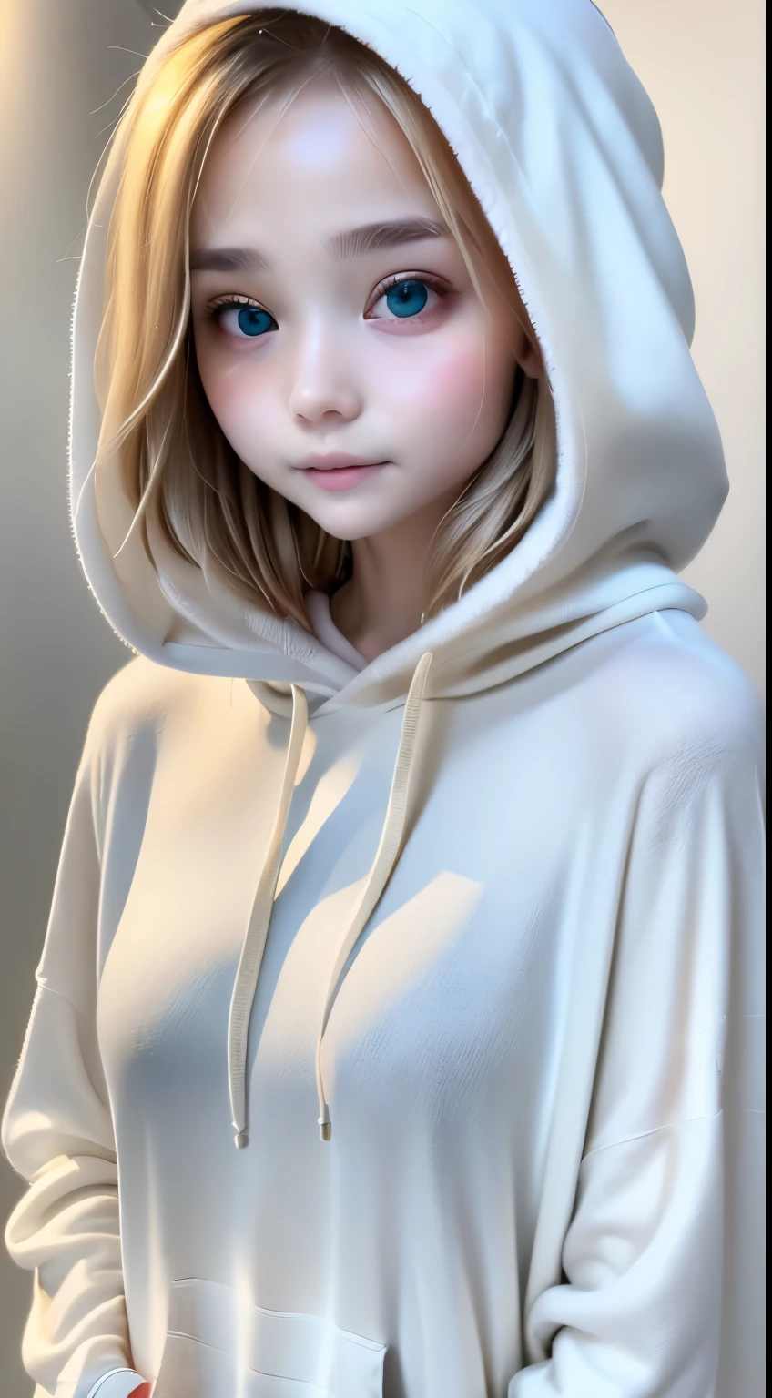 outdoor、winter、snow、White World、Frozen World、White world、one girl、24 only、perfect anatomy、correct human body、ash blonde、layered haircut、short wavy hair、Woman with cute face、turquoise eyes、Perfect good looks、Natural color poncho style hoodie、wearing a hood、silence、white wall、rhyme、White world、Simplified background、natural soft light、born、Photoreal、最high quality、high quality、High level image quality、