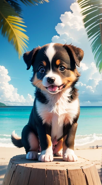 1cm perfect happy cute puppy with beach background and coconut tree
