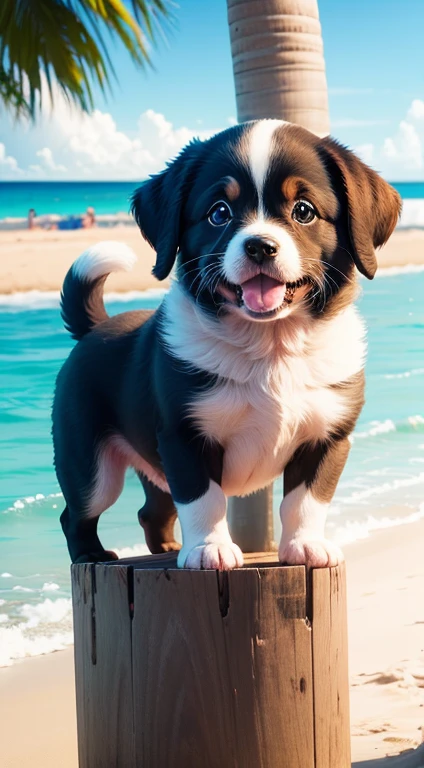 1cm perfect happy cute puppy with beach background and coconut tree