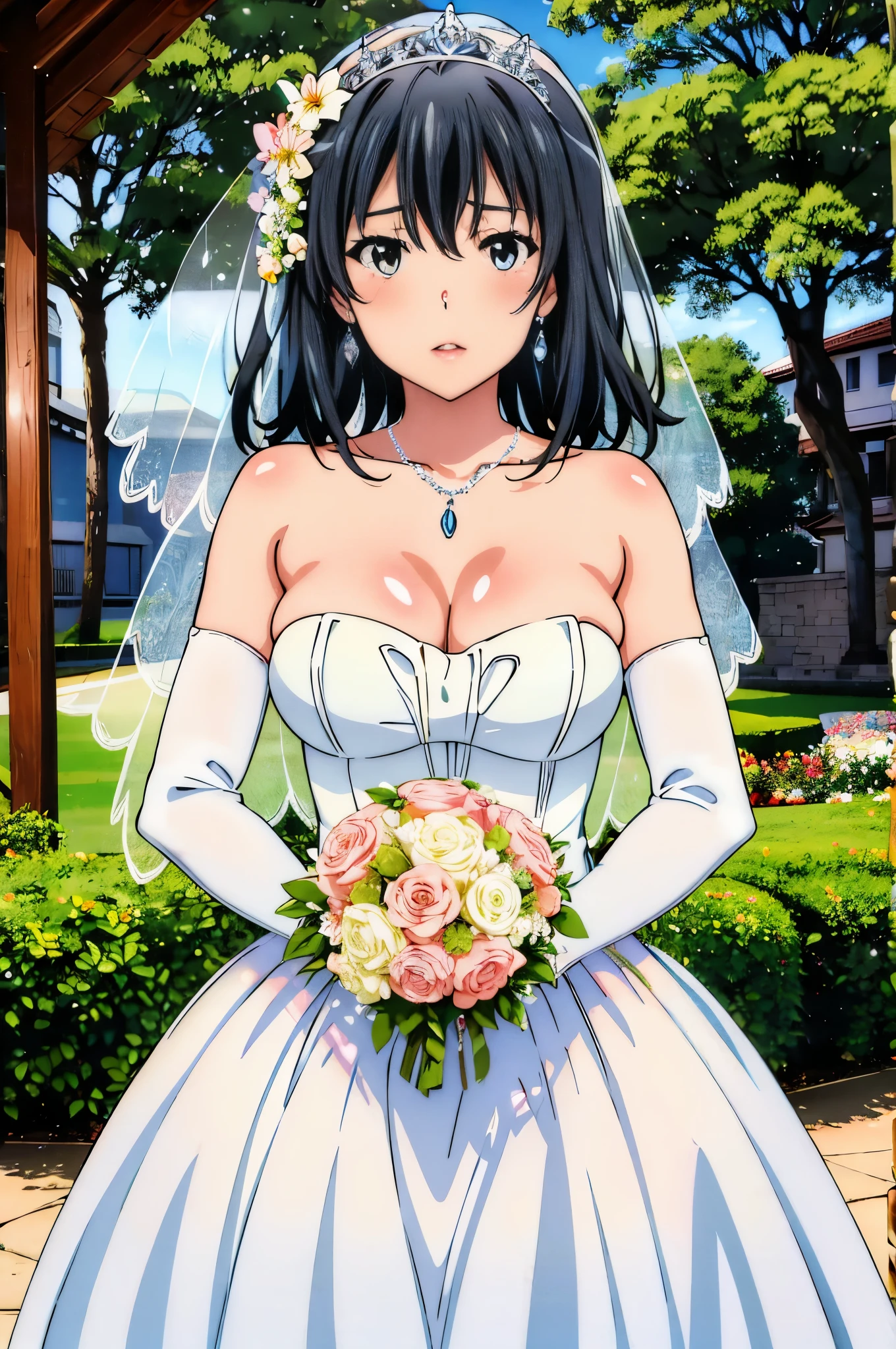 best quality, masterpiece, high resolution, 1 girl, yukino_shita,, Wedding dress , red lips, short hair, garden background,Shut up, Close-up of beautiful bride in bridal dress,Gurwitz,Blushing face,Head flower,headgear,(tube top wedding dress:1.5),(silk dress:1.2),(strapless wedding dress:1.5),pure white dress,necklace,earrings,(large breasts:1.3),Neck ornaments,Deep V peach heart collar wedding dress,Bangs,Bouquet,lipstick,(White long elbow gloves:1.3),(Bridal veil:1.2),(Transparent short veil:1.2),Bust photo,High detail RAW color art,Tyndall phenomenon,front,Half body