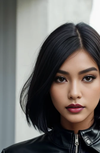 a close up of a woman wearing a leather jacket, inspired by Hedi Xandt, trending on cg society, popular south korean makeup, chin-length hair, dark cape, 💣 💥, south east asian with round face, avatar image, wlop loish and clamp style, instagram model, cindy avelino, with short hair, hana alisa omer, makeup, black lips